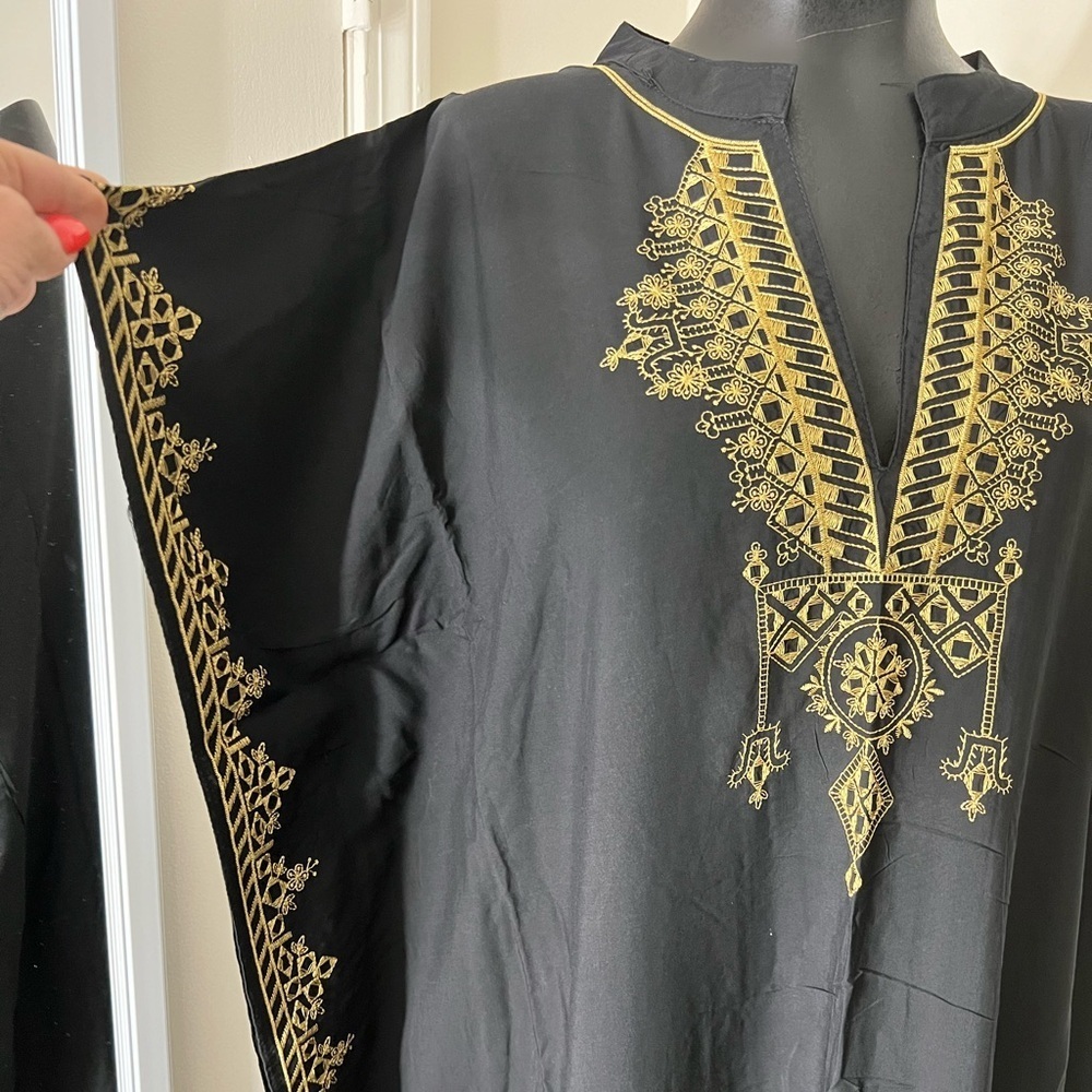 Elegant Black Gold Embroidered Kaftan Cover Up Maxi Dress - Picture 3 of 13